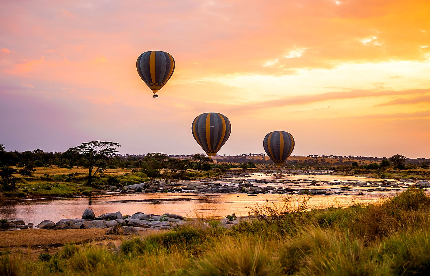 Hot-air balloons flying over the Serengeti at sunset